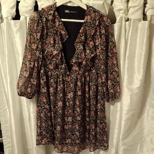 Zara Black Floral Dress with Ruffles Small
